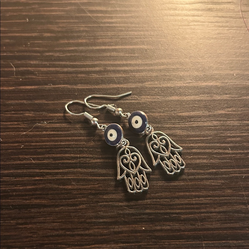 Silver Evil Eye And Hand Earrings
